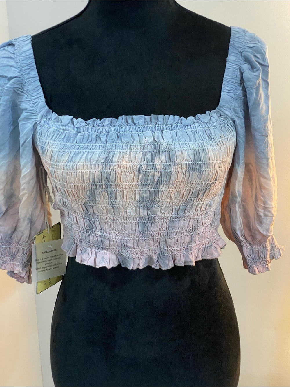 Smocked Square-Neck Crop Top in Pastel Lavender Tie-Dye